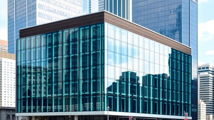 Modern glass building facade with teal panels reflecting city skyline, showcasing contemporary urban architecture.