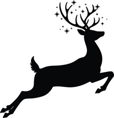 Majestic leaping deer silhouette with magical antlers and stars, vector illustration for Christmas, fantasy, wildlife, nature, and festive decor