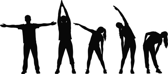 Silhouettes of women performing stretches, group fitness illustration, healthy lifestyle activity, exercise routine, body flexibility poses, physical wellness conceptPrint
