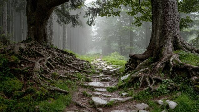 Misty forest path with exposed tree roots.  A stone path winds through a dense, foggy woodland.  Large tree roots spread across the path, creating a mystical ambiance.  - Powered by Adobe