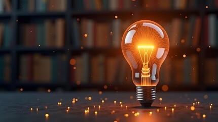 A glowing light bulb in a library represents a brilliant idea, knowledge, and innovation. The concept of creativity, learning, and discovery among books.