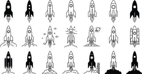 Rocket launch icon set, black and white vector spaceship illustrations, space shuttle symbols, startup launch, isolated rocket collection