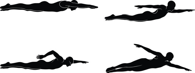Silhouette swimmer performing strokes, aquatic fitness, competitive swimming illustration, water sports training, athlete exercising, swim technique, black and white design