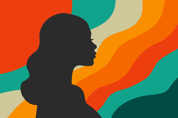 Female silhouette in profile on colorful wavy style. International Womens Day banner concept. Vector flat modern illustration. Feminism. Gender equality and women's empowerment