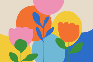 Creative floral background in doodle style. Colorful abstract vector design with hand drawn flowers and freehand shapes