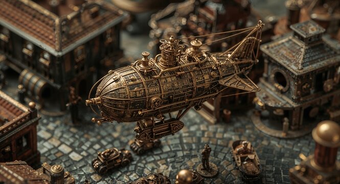 Intricate Steampunk Dirigible Model Hovering Above a Detailed Miniature Cityscape with Vintage Mechanical Vehicles and Figures