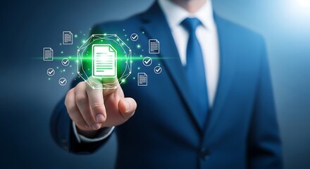 Business Professional Interacts With Digital Interface, Managing Documents And Data With Precision And Efficiency For Modern Workflow Solutions