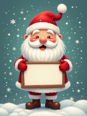 Jolly Santa Claus holding blank sign in snowy winter wonderland with sparkling snowflakes