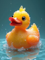 Bright yellow rubber duck splashing joyfully in clear water, surrounded by playful bubbles on a sunny day