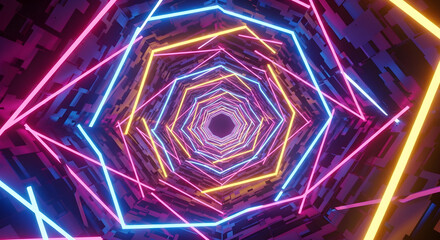 Futuristic corridor with glowing neon hexagonal light tunnels