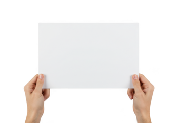 Hands holding blank paper sheet isolated on transparent background