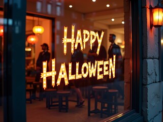 Festive Halloween decorations illuminating cozy cafe storefront with vibrant lights and cheerful spirits
