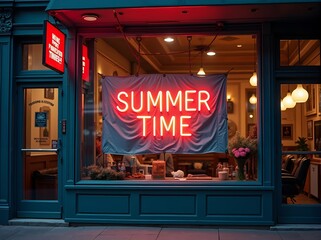 Summer time vibe glows in urban storefront filled with warm light and inviting atmosphere during twilight hour
