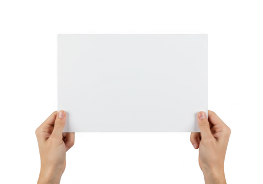 Hands holding blank paper sheet isolated on transparent background
