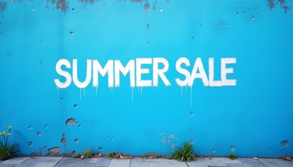 Vibrant blue wall with bold summer sale lettering exudes a lively atmosphere perfect for seasonal promotions