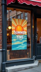 Bright summer time poster showcasing sun and waves inviting warmth and joy on a bustling city street