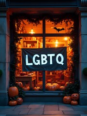 Halloween themed LGBTQ celebration with pumpkins and autumn decorations in a cozy shop window at dusk