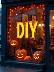 Festive DIY Halloween window display featuring glowing pumpkins and warm autumn ambiance