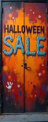 Vibrant Halloween sale door attracting customers with colorful decorations and spooky themes in autumn mood