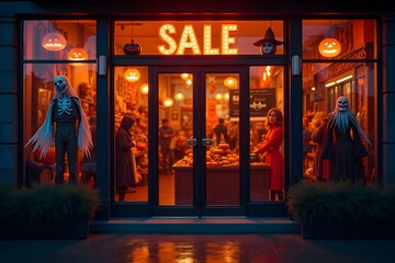 Halloween costumes adorn storefront in vibrant autumn atmosphere enticing shoppers with festive sale