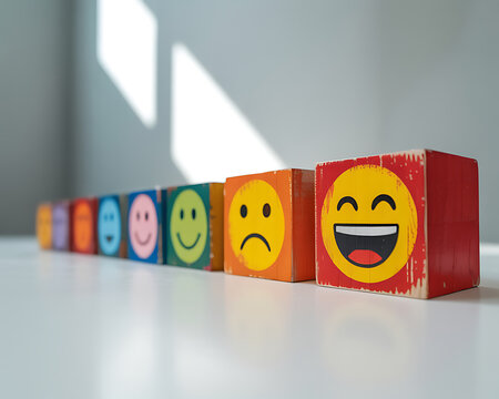 Colorful wooden blocks displaying a range of emoticons from sadness to extreme happiness