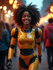 Lively street setting with woman in yellow futuristic Halloween costume suit showcasing confidence and style during golden hour