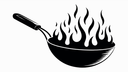 Black and white silhouette illustration of a wok cooking with flames and smoke