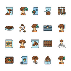 mushroom cultivation color line icon set for digital and print projects.