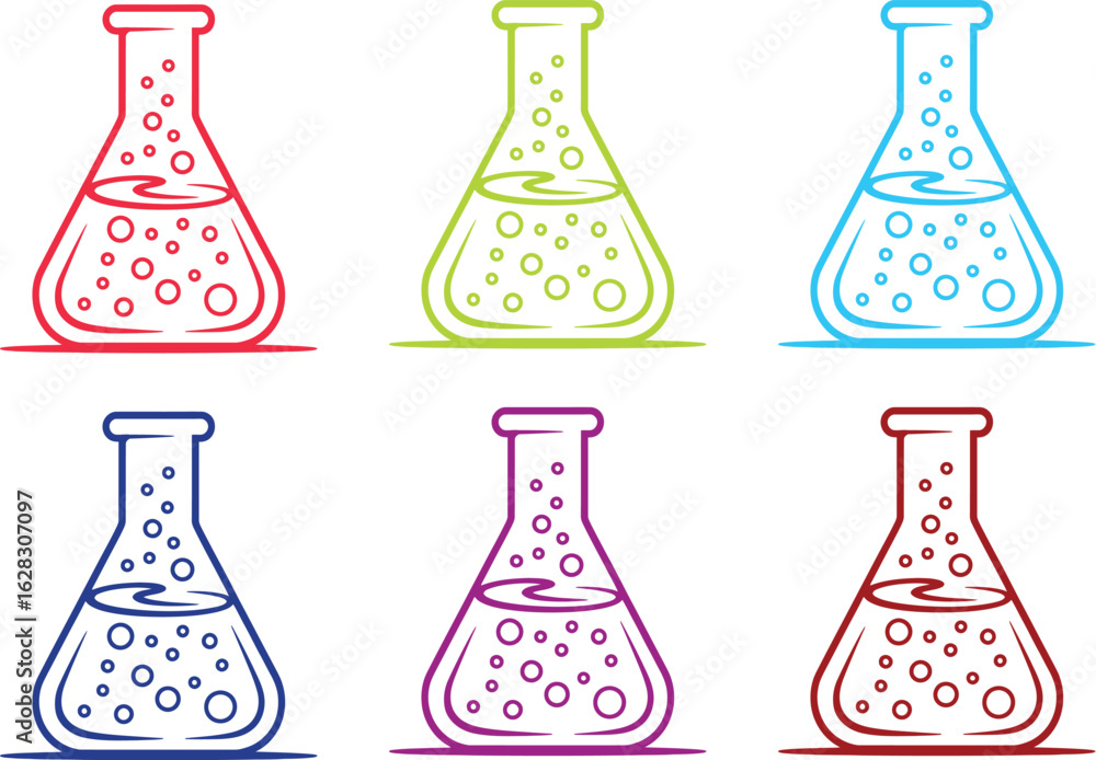 Poster A collection of six colorful science flasks filled with liquid and bubbles on a white background