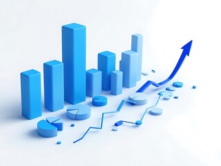 Various financial charts and graphs including bar, line, and pie charts in blue tones on white background, representing business growth, data analysis, and financial performance