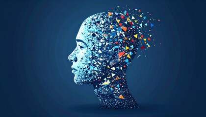 Obraz premium Abstract 2D surreal artwork of a human figure dissolving into floating geometric fragments, minimalist and moody blue-toned concept.