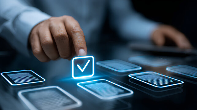 Businessman touching approved document icon on digital documents for approve business project proposals. Quality assurance and online evaluation of business concept.