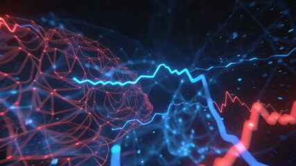 Futuristic stock market graph glowing red blue lines racing dark neural network, electric sparks HUD elements, immersive financial data digital brain shape, 4K glowing intensity, cinematic lighting - Powered by Adobe