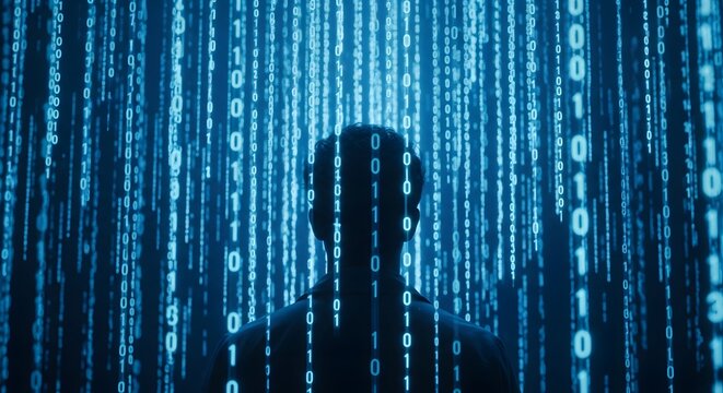 Silhouette of a person standing in front of a screen with falling binary code. Concept of a hacker, programmer, big data, artificial intelligence, and cyberspace.