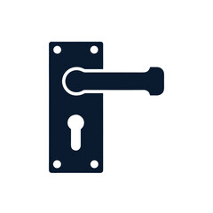 Dark blue door handle with keyhole and four corner screw holes on white background Keywords: door handle, lock, keyhole, hardware, entrance
