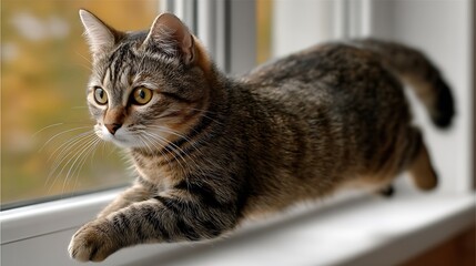 Curious tabby cat peeking out a window on a sunny day