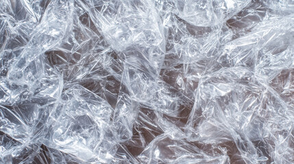 Obraz premium Wrinkled clear plastic film background with abstract crinkled texture. Transparent cellophane surface with light reflections.