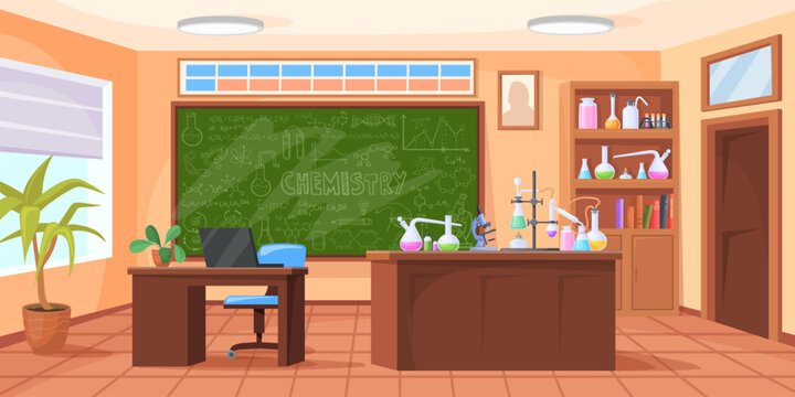 Chemical lab room. Chemistry school classroom cartoon interior, science research experiment desk medical laboratory tools table biology medicine education, neat vector illustration