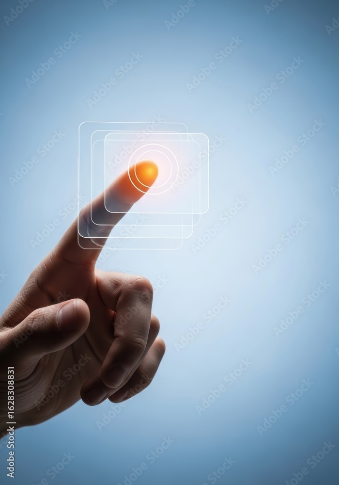 Poster index finger tapping futuristic interface panel with holographic effect