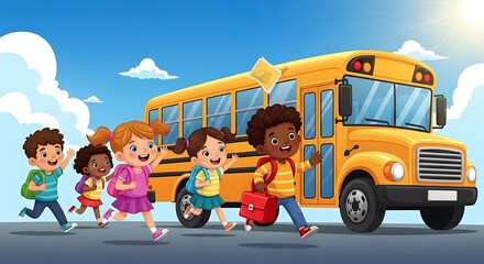 Cartoon illustration of children running towards a yellow school bus on a sunny day with blue sky