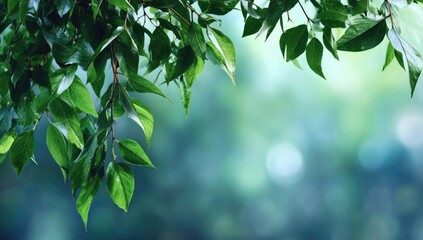 Lush green leaves frame a soft, blurred background of out-of-focus greenery