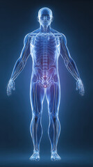 Medical illustration of a standing male human body, semi-transparent blue anatomy, front view, dark blue gradient background