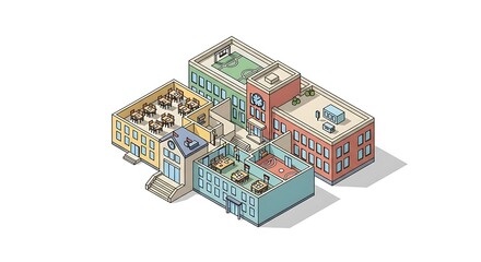 Obraz premium Isometric view of a school building with classrooms cafeteria gym and rooftop soccer field visible