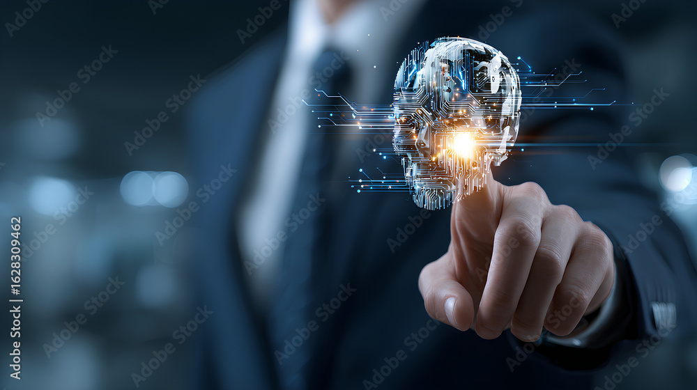 Poster businessman use artificial intelligence ai technology for enhanced work efficiency data analysis and