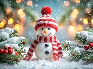 Obraz premium Charming snowman with red and white scarf and hat surrounded by snowy pine branches and bokeh lights