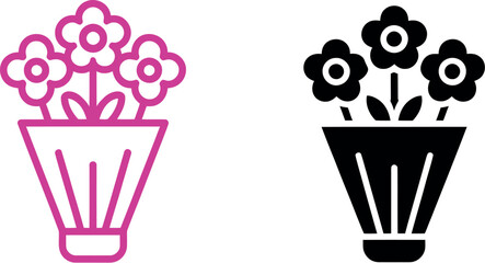 Two flower bouquet icons one in pink outline and one in black solid on a plain white background