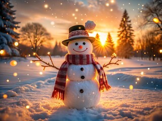 Fototapeta premium Festive snowman with scarf and hat standing on a snowy path during a beautiful winter sunset scene