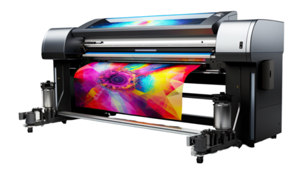 Modern large format printer with vibrant color output on white background