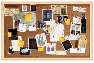 Fototapeta na wymiar Realistic detective board. True crime investigate, corkboard with pin red threads string on wall criminal police clues evidence spy pinboard paper notes, exact vector illustration