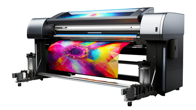 Modern large format printer with vibrant color output on white background